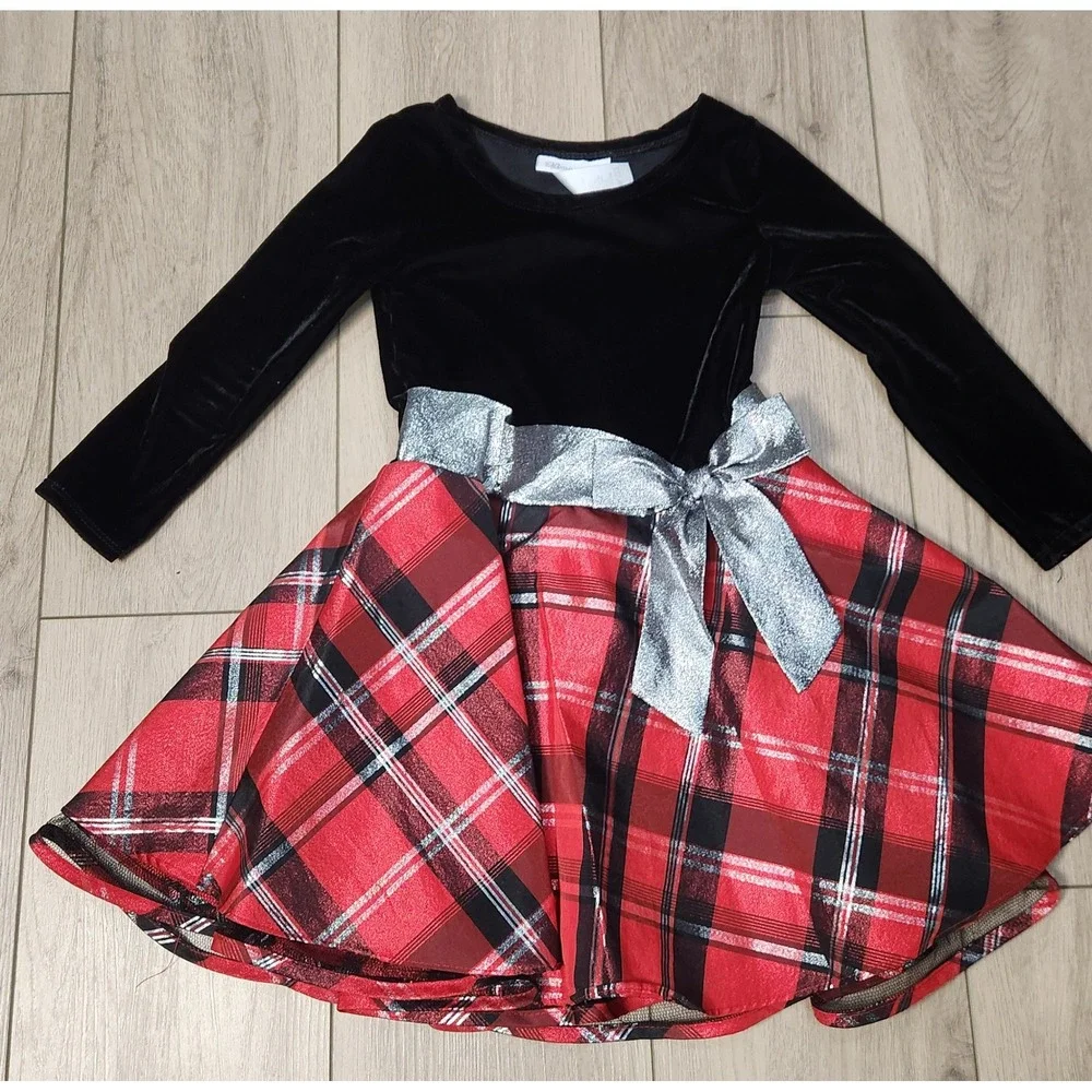 Bonnie Jean Girls Black‎ Velvet Red Plaid Silver Holiday Dress Christmas Size 4T